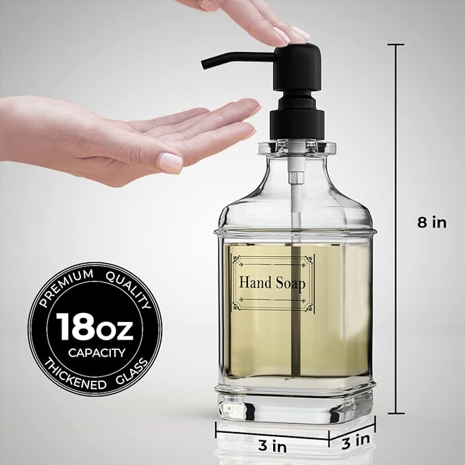 GLADPURE 2 Pack Soap Dispenser, 18 Oz Antique Design Thick Glass Hand Dispensers; with 304 Rust Proof Stainless Steel Pump, 6Pcs Clear Stickers, for Kitchen, Bathroom- Black-NeatNest