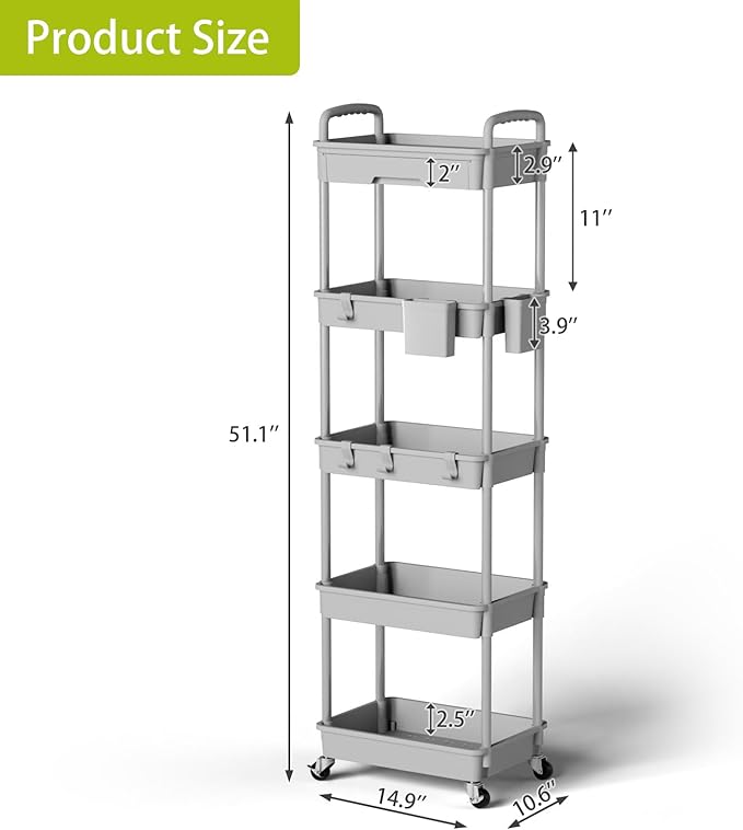 5 Tier Rolling Cart Organizer,Bathroom Cart Organizers with Wheels Laundry Room Organization Mobile Shelving Unit Utility Cart Storage Shelves Multi-Functional for Office, Home(Grey)-NeatNest