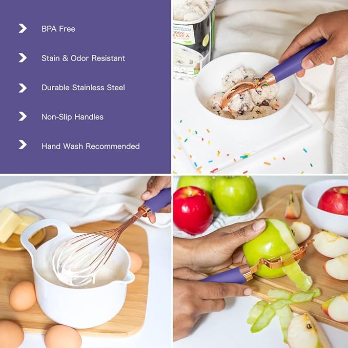 COOK WITH COLOR Kitchen Gadget Set Copper Plated Stainless Steel Utensils with Soft Touch Handles, Copper Lavender, 7 Pieces-NeatNest