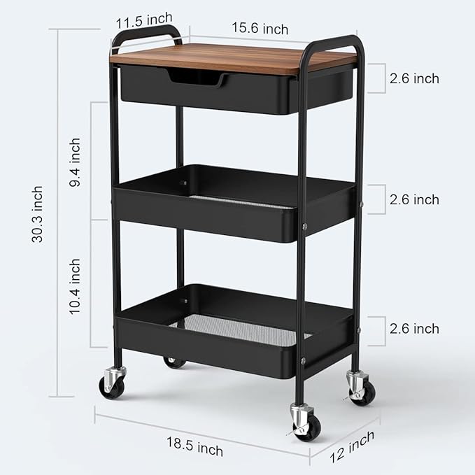 3 Tier Rolling Cart with Drawer, Metal Utility Cart on Wheels Storage Cart with Wood Top, Kitchen Cart Art Cart Organizer for Bathroom Office Balcony Living Room-NeatNest