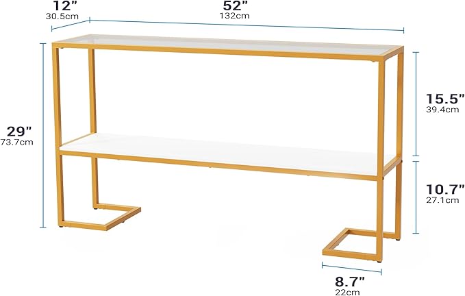 Console Sofa Table, 52" Modern Entryway Table, 2-Tier Open Shelf with Tempered Glass, Metal Frame Behind Couch Table with Gold Metal Frame for Living Room Hallway Entrance, White-NeatNest