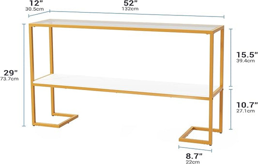 Console Sofa Table, 52" Modern Entryway Table, 2-Tier Open Shelf with Tempered Glass, Metal Frame Behind Couch Table with Gold Metal Frame for Living Room Hallway Entrance, White-NeatNest
