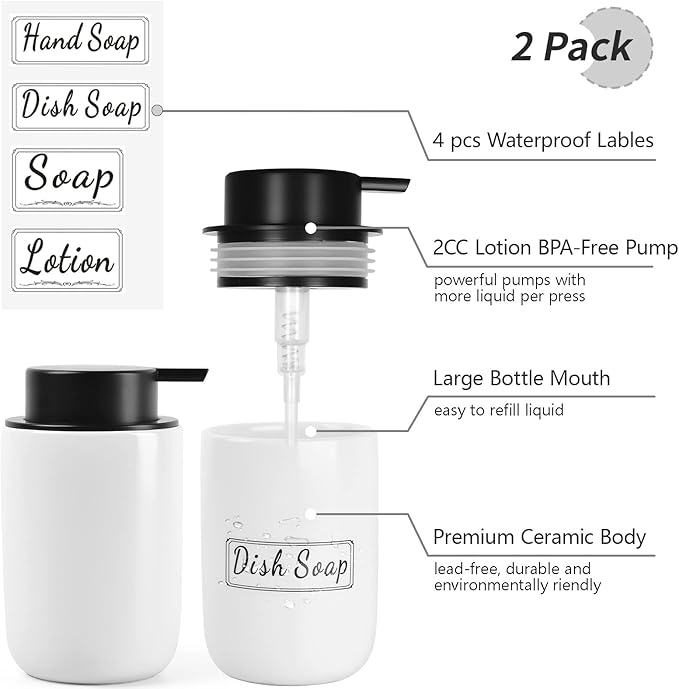BosilunLife White Soap Dispenser Set - 2 Pack 12oz Ceramic Dish Soap Dispenser with Rust Proof Pump for Kitchen, Hand Soap and Lotion Set Suitable for Farmhouse Bathroom Decor with Waterproof Labels-NeatNest