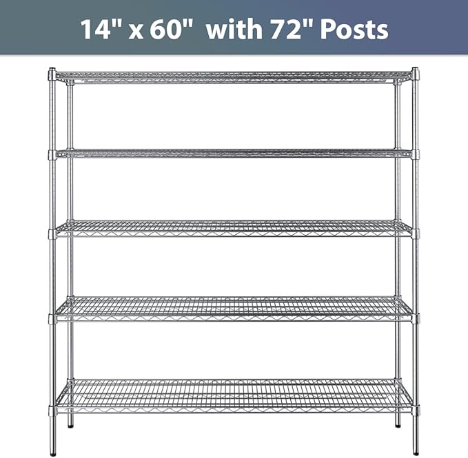 14" x 60" NSF Chrome 5-Shelf Kit with 72" Posts, Commercial Storage Rack Unit, Heavy Duty Storage Shelving, Wire Shelving Kit, Adjustable Rack Strong Steel, Multipurpose Wire Shelf