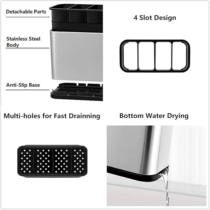 KESOL Kitchen Utensil Holder, Stainless Steel Utensil Drying Rack Flatware Holder Sinkware Caddy Countertop Organizer with 4 Divided Compartments, Rust Proof-NeatNest