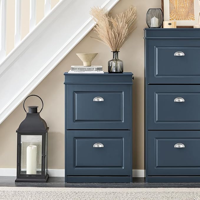 SoBuy Slim Shoe Cabinet, Shoe Rack with Doors, Shoe Storage Cupboard Organizer Unit for Entryway 2 Flip-Drawers, Hallway and Bedroom Navy FSR78-B (9.4" D x 21.3" W x 32.7" H)-NeatNest