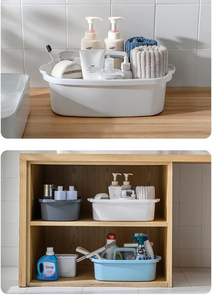 Cleaning Supplies Caddy, Large Plastic Shower Caddy Basket with Handle, Portable Cleaning Tool Storage Tote for Dorm, Bath, Pantry (grey, White, blue) (White)-NeatNest