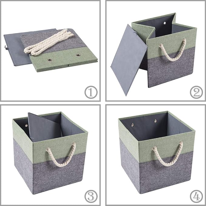PRANDOM Large Foldable Cube Storage Bins 13x13 inch [2-Pack] Fabric Linen Storage Baskets Cubes Drawer with Cotton Handles Organizer for Shelves Nursery Closet Bedroom Green