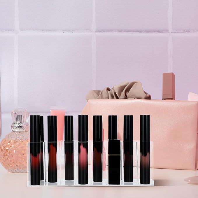 24-Slot Acrylic Lipstick Organizer - Transparent Makeup Storage Case for Lip Gloss Brushes and Cosmetics - Stylish Desktop Display Rack-NeatNest