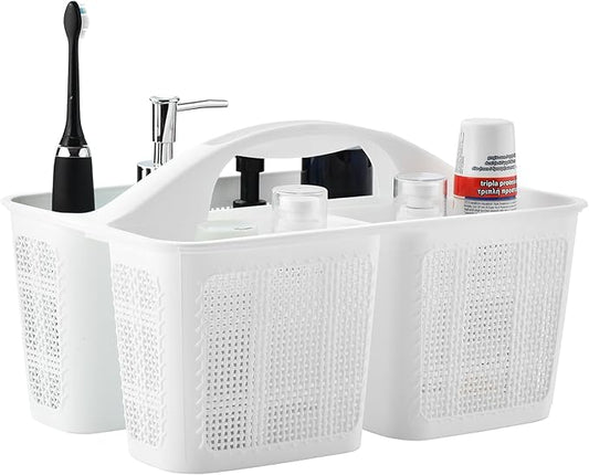 Plastic White Shower Caddy Basket, Divided Cleaning Portable Shower Basket with Handle Compartments Storage Organizer for Bathroom, College, Kitchen, Dorm Room Essentials