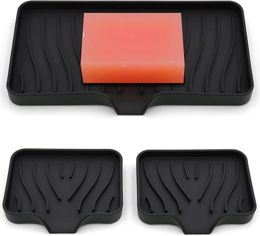 3-Pack Silicone Soap Dish, Sponge Holder for Sink, Kitchen Soap Tray, Bathroom Soap Holder, Sponge Tray with Drain (Black)-NeatNest