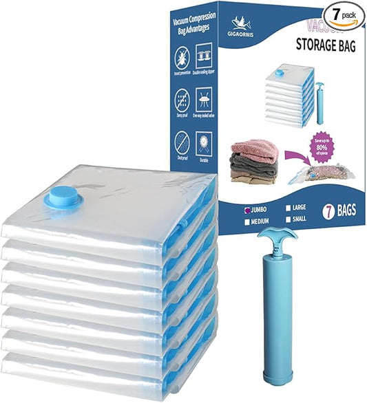 7 Pack Jumbo Space Saver Vacuum Storage Bags for Clothing Travel, Vacuum Seal Compression Bags for Clothes, Packing, Luggage, Blankets, Comforters and Pillows, Hand Pump Included-NeatNest