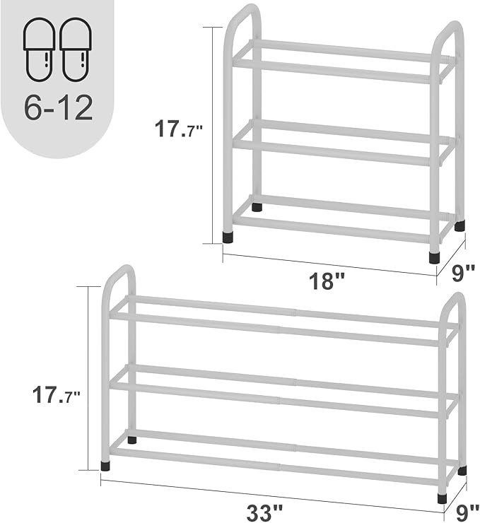 Expandable Shoe Rack, Adjustable Shoes Organizer Metal, Space-Saving Storage Shelf for Closet, Entryway, Front Door & Hallway,Sturdy and Easy Assembly (White, 3-Tier)