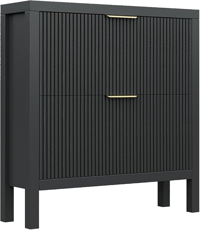 Modern 2-Tier Flip Drawer Shoe Cabinet, Freestanding Hidden Slim Narrow Shoe Rack Cabinet, Wooden Large Capacity Shoe Storage Cabinet Shoe Organizer, for Entryway, Hallway, Black X2-NeatNest