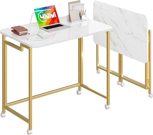 4NM 27.5" Mobile Small Rolling Computer Desk, Folding Laptop Cart Table with Wheels, Portable Office Desk for Small Space Couch Bed - White and Golden