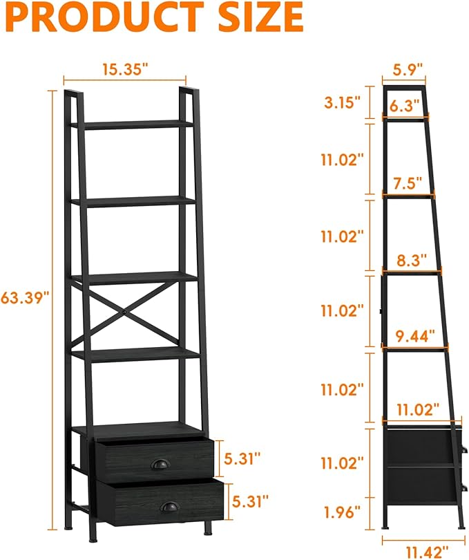 Furologee 5-Tier Ladder Shelf with 2 Drawers,Narrow Bookshelf Storage Shelves,Industrial Bookcase Freestanding Rack Units for Bedroom,Living Room,Bathroom,Home Office,Balcony,Wood Metal, Black Oak