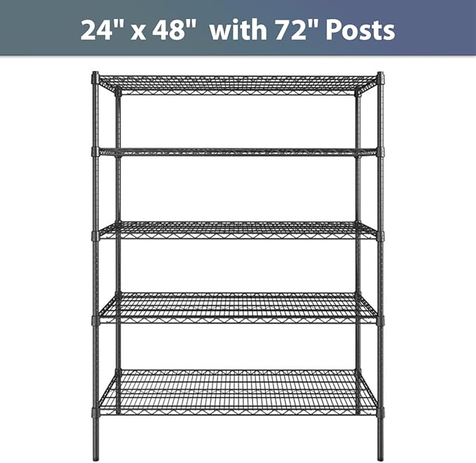 24" x 48" NSF Black Epoxy 5-Shelf Kit with 72" Posts, Commercial Storage Rack Unit, Heavy Duty Storage Shelving, Wire Shelving Kit, Adjustable Rack Strong Steel, Multipurpose Wire Shelf