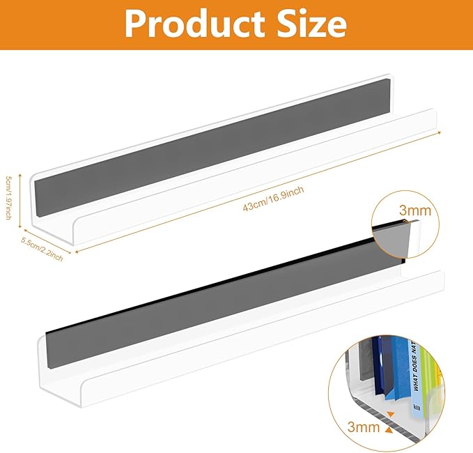 2 Pack Magnetic Book Shelf - Acrylic Reusable Display Panel for Whiteboards, Classrooms & Home, Adhesive-Free Storage with 11lb Capacity (Clear)