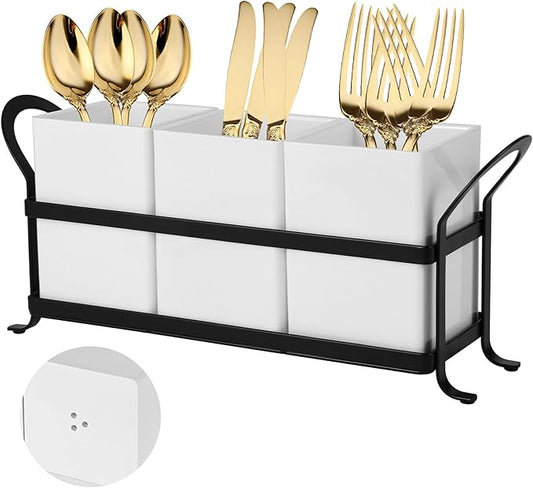 Cutlery Holder with Drain Holes, Silverware Caddy for Party Countertop, Resin Utensil Holders Silverware organizer for Spoon and Fork, White Black-NeatNest