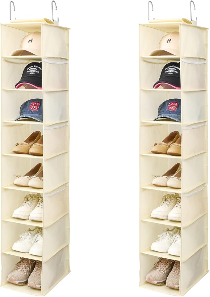 Hanging Shoe Organizer for Closet with Side Mesh Pockets，Hat Racks for Baseball Caps，Shoe and Hat Holder & Storage，8-Shelf，Beige，2 Pack-NeatNest
