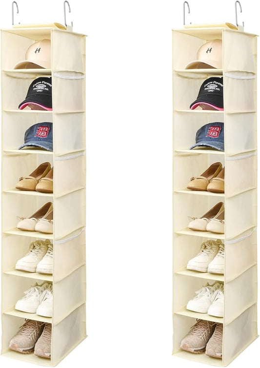 Hanging Shoe Organizer for Closet with Side Mesh Pockets，Hat Racks for Baseball Caps，Shoe and Hat Holder & Storage，8-Shelf，Beige，2 Pack-NeatNest