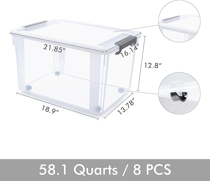 Citylife 58.1 QT Plastic Storage Bins with Latching Lids Stackable Storage Containers for Organizing Large Clear Storage Box for Garage, Closet, Kitchen, 8 Packs-NeatNest