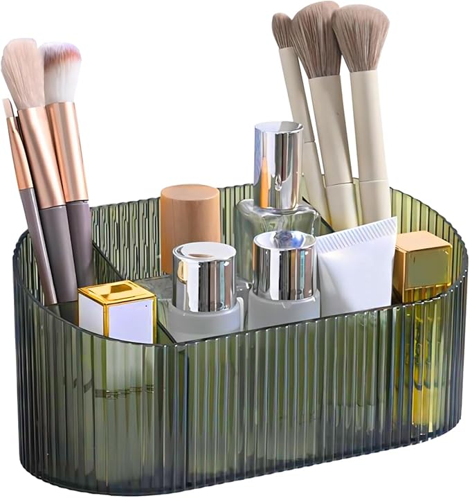 DASITON Large Capacity Makeup Brush Holder,5 Slot Makeup Brush Holder,Vintage striped Make Up Brush Holder,for Vanity Decor,Bathroom Countertops,Desk Storage Container,Cosmetic Display cases(Green)-NeatNest