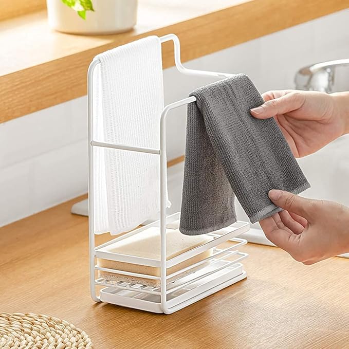 Poeland Sponge Holder with Drain Pan, Dishcloth Rack Kitchen Sink Caddy Organizer for Sponge Brush Soap Dish Rag