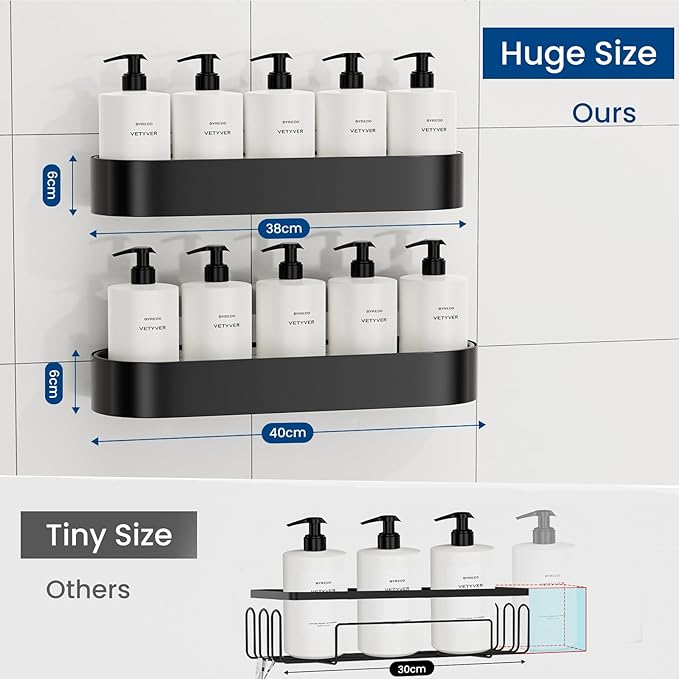 Adhesive Shower Caddy, 2 Pack X-Large Bathroom Organizers and Storage with Large Capacity and 4 Hooks, No Drilling Shower Shelf for Inside Shower for Bathroom, Dorm and Kitchen