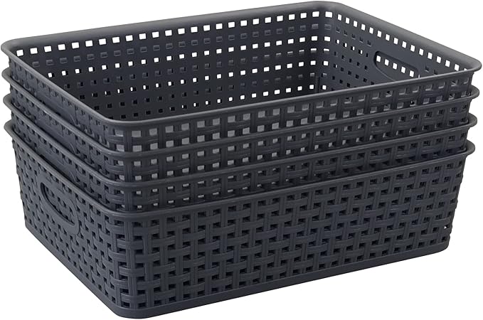 4 Packs Plastic Storage Basket Tray, Shallow Paper Basket, Gray-NeatNest