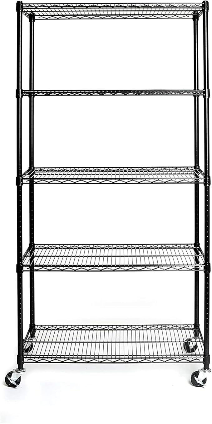 5 Tier Adjustable Storage Shelf Metal Storage Rack Wire Shelving Unit Storage Shelves with Wheels for Pantry Closet Kitchen Laundry Bathroom (Black-5-Tier)