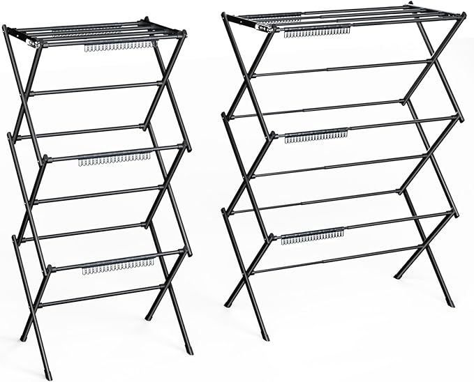 3-Tier Clothes Drying Rack|Drying Rack Clothing Foldable|Antirust Laundry Drying Rack|Small Dry Rack for Clothes|Dorm Clothes Drying Rack- Pure Black