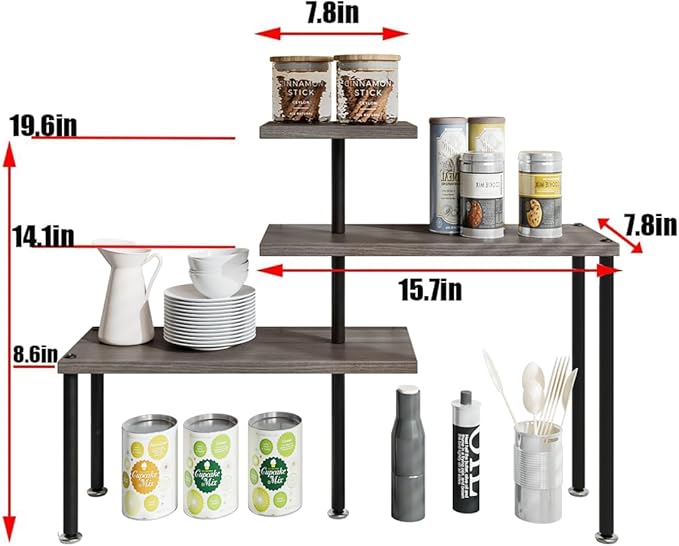 Countertop Organizer Organization 3 Tier Kitchen Corner Shelves Adjustable Spice Storage Rack for Bathroom Coffee Area Over Sink (Dark Gray Oak)-NeatNest