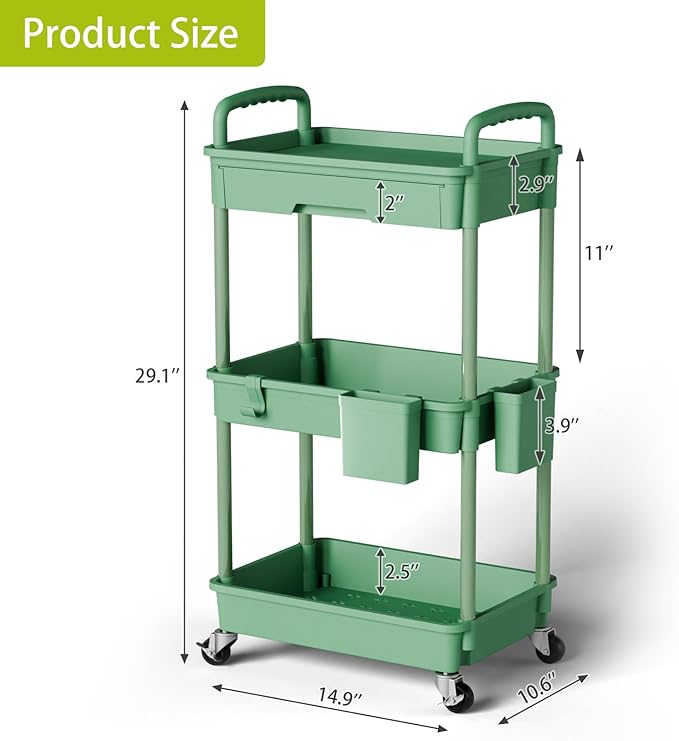3 Tier Rolling Cart Organizer,Laundry Room Bathroom Organizers and Storage Office Shelves Mobile Shelving Unit Kitchen Trolley Cart with Wheels for Art,Craft,Diaper,Bedside,Snack(Green)-NeatNest