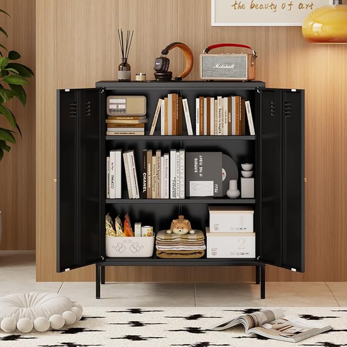 2 Doors Locker Metal Storage Cabinet, Accent Storage Cabinet with Shelves, Freestanding Metal Sideboard for Small Spaces, Living Room, Dining Room, Entryway, Black