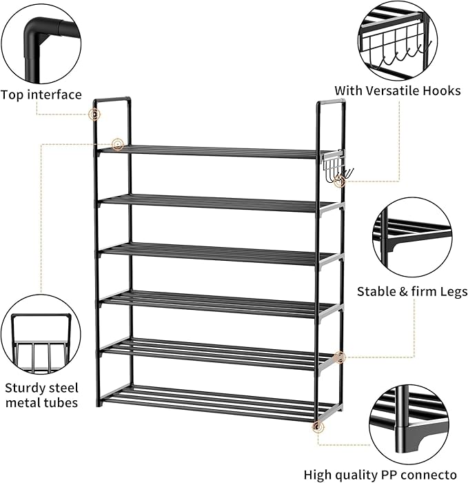 Metal Shoe Organizer,6 Tiers Shoe Storage Shoe Rack with Hooks,Fit 24-30 Pairs,Adjustable Shoe Shelf for Entryway,Hallway,Bedroom,Metal Bottom Support-NeatNest