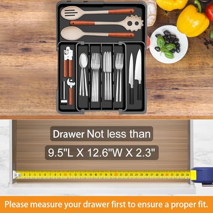 Homecor Silverware Organizer Expandable Kitchen Drawer Organizer with 7 Slots, BPA Free Cutlery Utensil Drawer Organizer, Kitchen Utensil Storage Tray for Forks Knives Spoons, Anti-Slip, Black-NeatNest