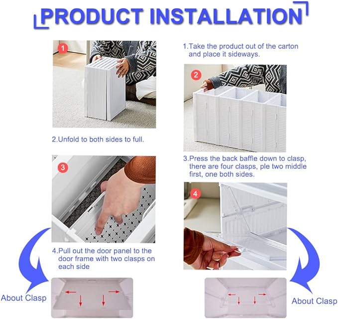 Shoe Rack Shoe Storage Box Bins Clear Collapsible Plastic Installation-Free Size up to 14, Stackable Foldable Tote with Lids Organizing Dustproof 6-Tiers-NeatNest
