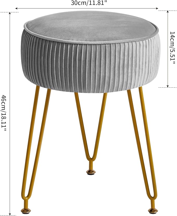 IBUYKE Velvet Round Footrest Ottoman, Makeup Vanity Stool Side Table, Dressing Table Seat, Pouf Couch Stool, Golden Steel Legs, Gray LG-30G