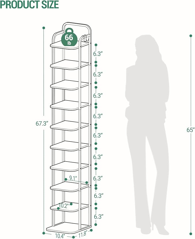 10 Tiers Vertical Shoe Rack, Narrow Shoe Tower, Tall Shoes Shelf with 2 Hooks, Adjustable Shelves, Corner Shoes Shelves for Small Spaces, Entryway, Living Room, Rustic Brown SR11201B-NeatNest