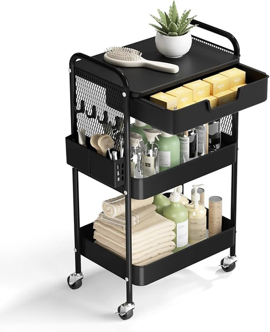 3 Tier Rolling Cart with Drawer, Metal Rolling Utility Cart on Wheels with Pegboard, Art Cart Storage Organizer with Tabletop for Living Room, Office, Bedroom (Black)-NeatNest
