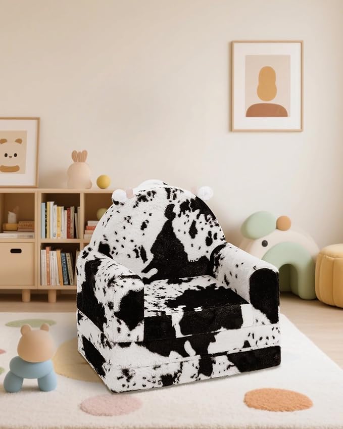2-in-1 Toddler Chair and Couch – Soft Faux Rabbit Fur, Cow Pattern Design, Fold Out Seat for Reading & Nap, Ages 1–3-NeatNest