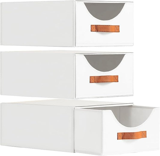 Large Stackable Storage Bins - Fabric Pull-out Closet Shelf Organizer, Linen Closet Organizers and Storage, Decorative Storage Boxes for Bedroom, Office, Dorm, 3 Pack, White-NeatNest