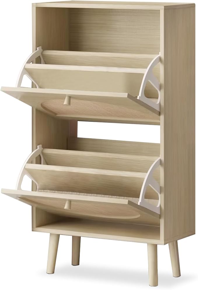 Karl Home Shoe Cabinet with 2 Flip Drawers, 2 Tier Freestanding Organizer, Rattan Storage Cupboard for Entryway, Hallway, Living Room, Natural-NeatNest