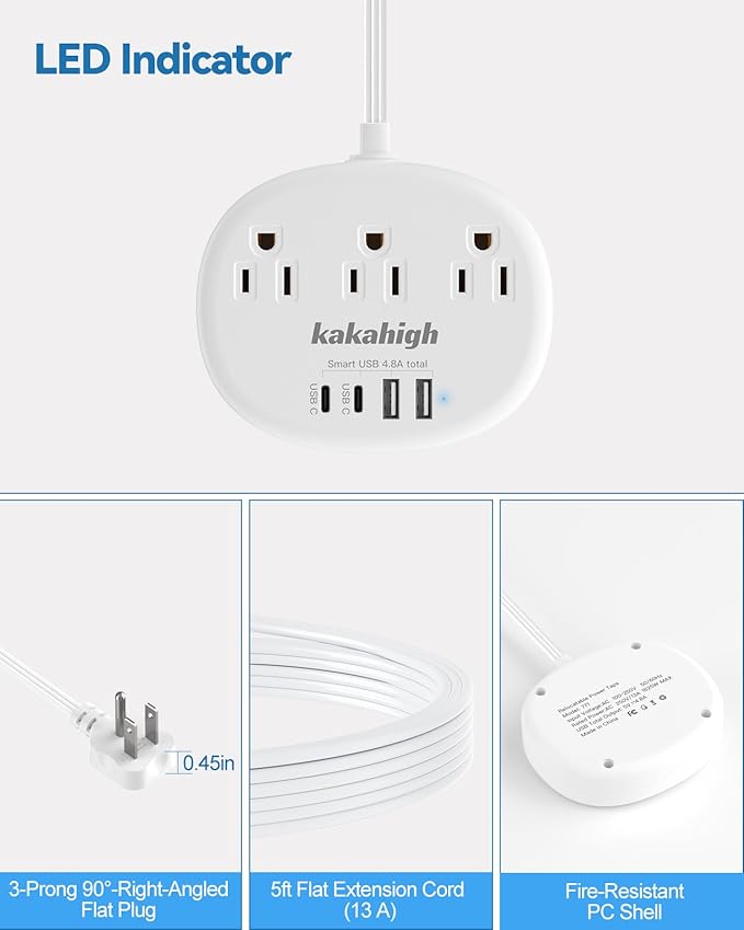 Flat Extension Cord with Outlet Cover & Cable Clips- 5 FT, 1625W Child Proof Extension Cord with 3 AC Outlet 4 USB (24W/4.8A), Flat 90 Degree Power Strip for Behind Furniture Couch Sofa TV, etc