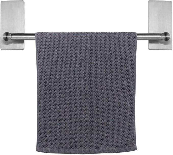 NearMoon Self Adhesive Bathroom Towel Bar- Stainless Steel Bath Wall Shelf Rack Hanging Towel Stick On Sticky Hanger Contemporary Style, NO Drilling (1 Pack, Brushed Nickel, 12-Inch Towel Rack)