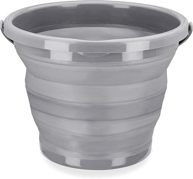 Navaris Collapsible Bucket with Handle - 1.3 Gallon (5L) Portable Pail for Camping, Beach, Gardening, Fishing, Water, Washing - Gray