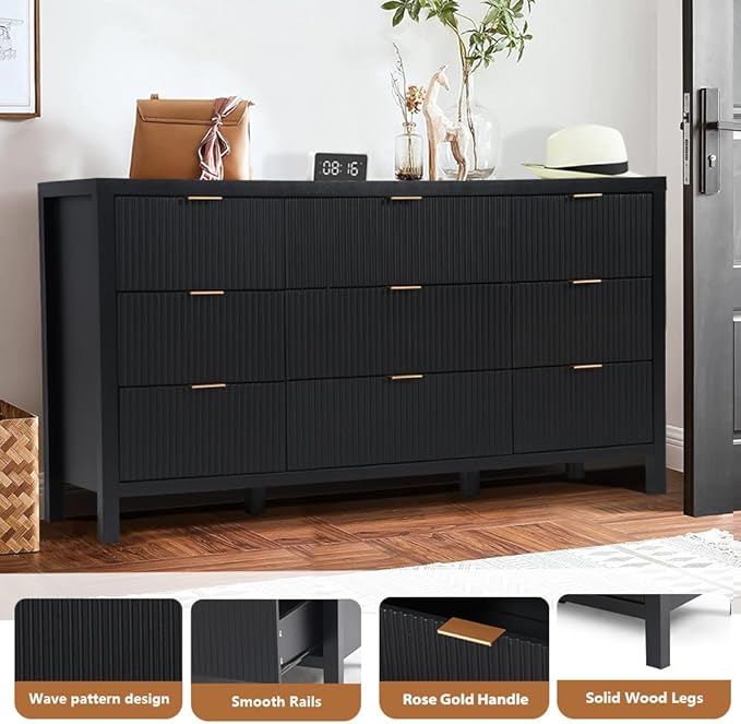 9 Drawer Dresser Cabinet, Long Nightstand with Drawers and Storage Cabinet, Solid Wood Dresser TV Stand, Mid Century Modern Nightstand with 9 Drawer Side Table for Bedroom Closet (Black)