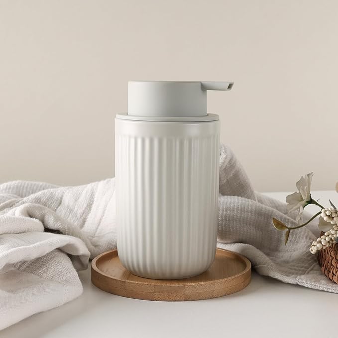 BosilunLife Foaming Soap Dispenser Set - Grey Ceramic Foam Hand Soap Dispenser 12oz with Rust Proof Pump, Easy Pressing & Refillable,4Pcs Clear Stickers for Kitchen, Bathroom - 2 Pack-NeatNest