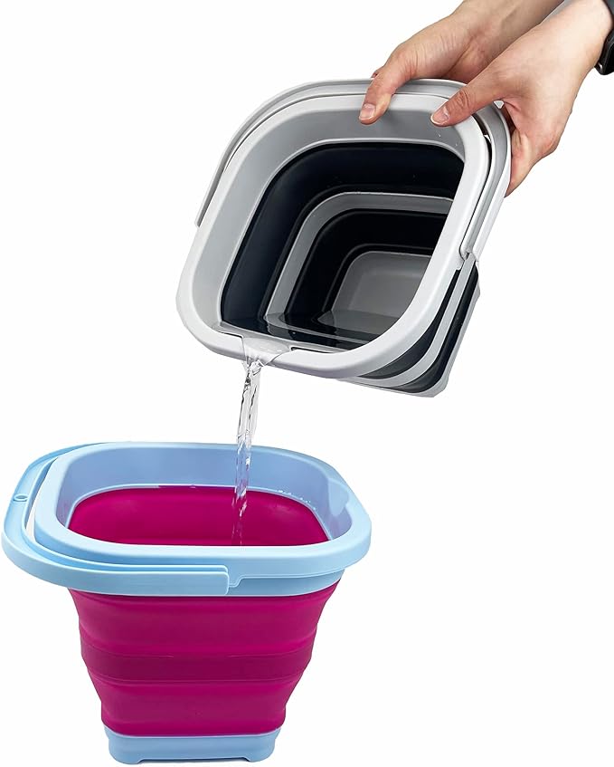 SAMMART Collapsible Rectangular Cleaning Bucket 5L (1.3 Gallon)- Foldable Camping Beach Sand Water Pot Pail- Portable Space Saving Tub for Household, Outdoor Car Washing (Cool Blue/Flamingo)-NeatNest